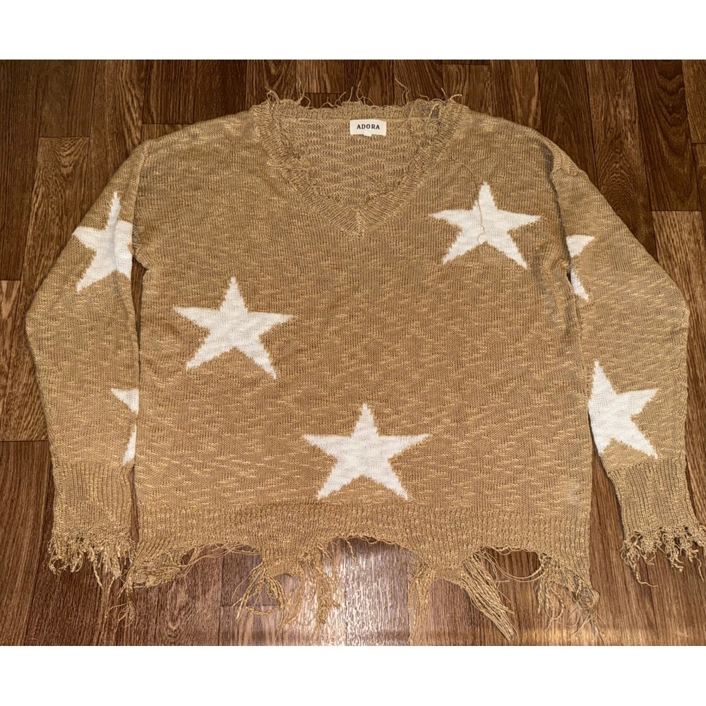 Adora Womens Distressed Star Print V-Neck Sweater Tan Gold White Medium CESW2420